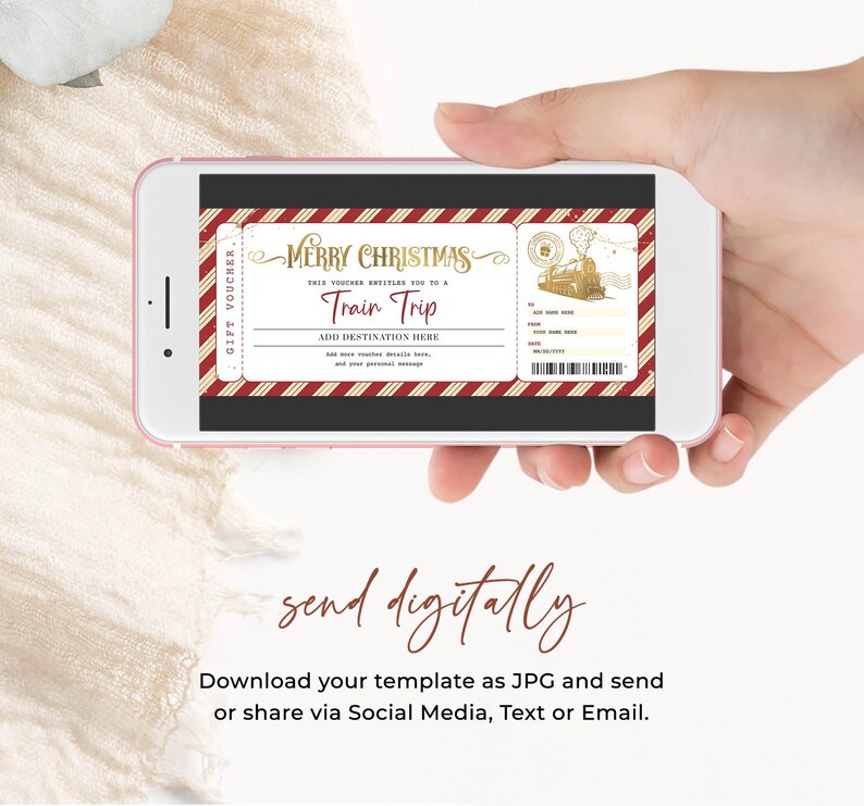 May include: A printable Christmas gift voucher template for a train trip. The voucher is designed to look like a vintage train ticket with red and white stripes, gold accents, and a cartoon train illustration. The text on the voucher reads "Merry Christmas, This voucher entitles you to a Train Trip, Add Destination Here".