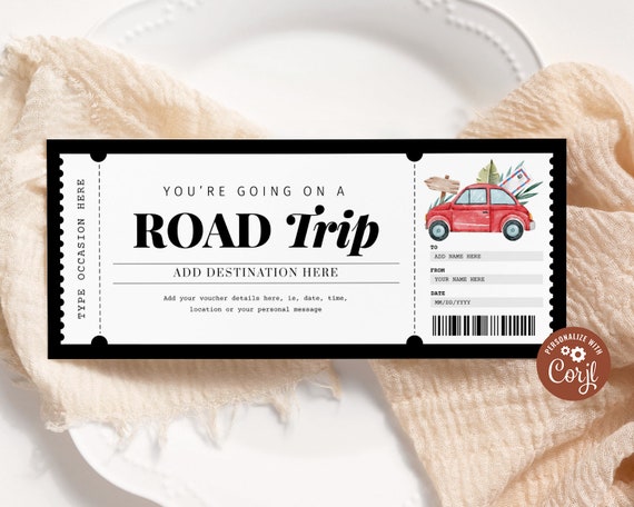 Road Trip Gift Ticket EDITABLE, Weekend Away Trip Voucher, Pack Your Bags, Travel Certificate Printable, Surprise Trip Ticket, Any Occasion Il_570xn