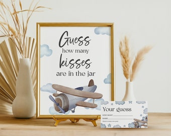 Guess How Many Kisses Sign, Blue Airplane Boy Baby Shower, Vintage Plane Birthday, Airplane Bridal Shower, Candy Game, INSTANT DOWNLOAD AP13