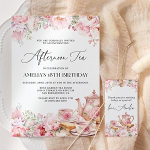 Faire-part d&#39;anniversaire pour le thé de l&#39;après-midi MODIFIABLE, faire-part d&#39;anniversaire floral rose poudré à imprimer, invitation d&#39;anniversaire thé jardin AT28