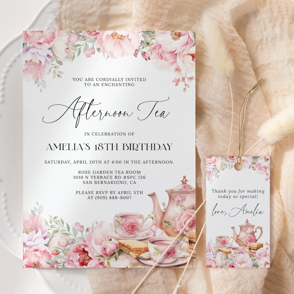 Afternoon Tea Birthday Invitation EDITABLE, Blush Pink Floral High Tea Invitation Printable, Garden Tea Party Birthday Invite AT28