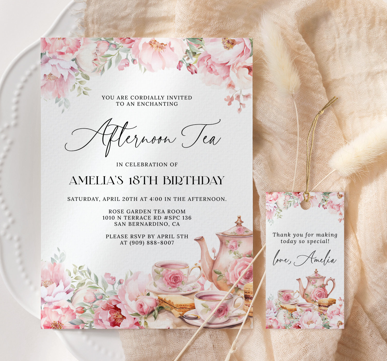 Afternoon Tea Birthday Invitation EDITABLE, Blush Pink Floral High Tea ...