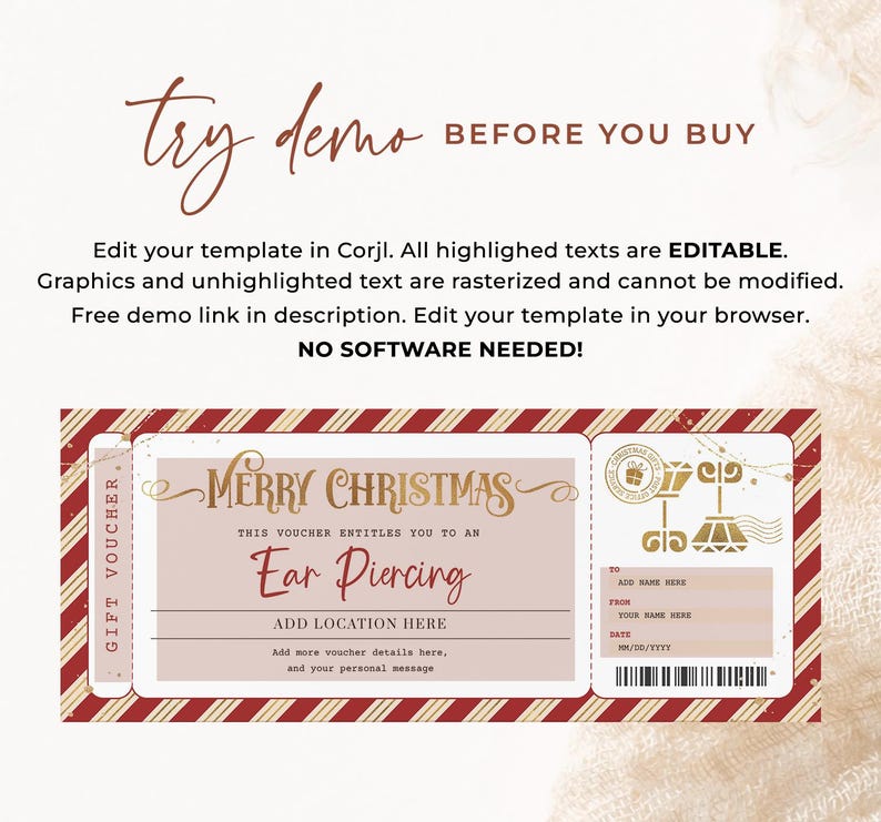 Ear Piercing Christmas Certificate EDITABLE, Ear Pierced Gift Card, Printable Piercing Coupon, Holiday Surprise, Christmas Voucher image 4