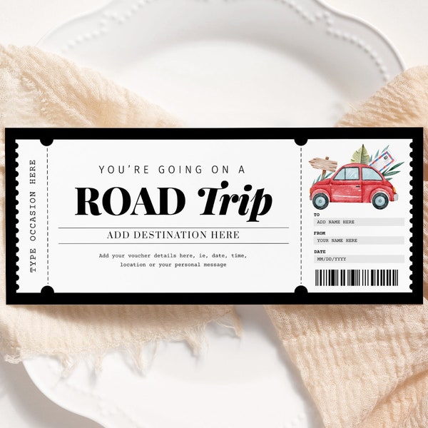 Road Trip Gift Ticket EDITABLE, Surprise Weekend Away Trip Voucher, Printable Road Trip Certificate, Travel Voucher, Any Occasion