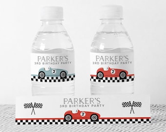 Race Car Water Bottle Labels EDITABLE, Two Fast Birthday Labels, Printable Racing Birthday Party Decor, Blue Red Vintage Car Bottle Wrapper