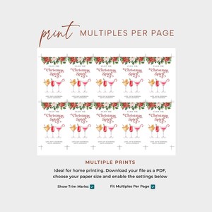 Op de afbeelding: Printbare kerstcocktailparty-uitnodiging met een aquarelillustratie van een martini-glas met een suikerstick, een sinaasappelschijfje en kersen. De tekst luidt "Geniet van de kerstsfeer".