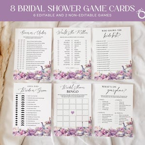 Pacote de jogos para chá de panela com tema floral roxo EDITÁVEL, 8 cartas de jogo para chá da tarde para impressão, atividades para chá da tarde no jardim AT28