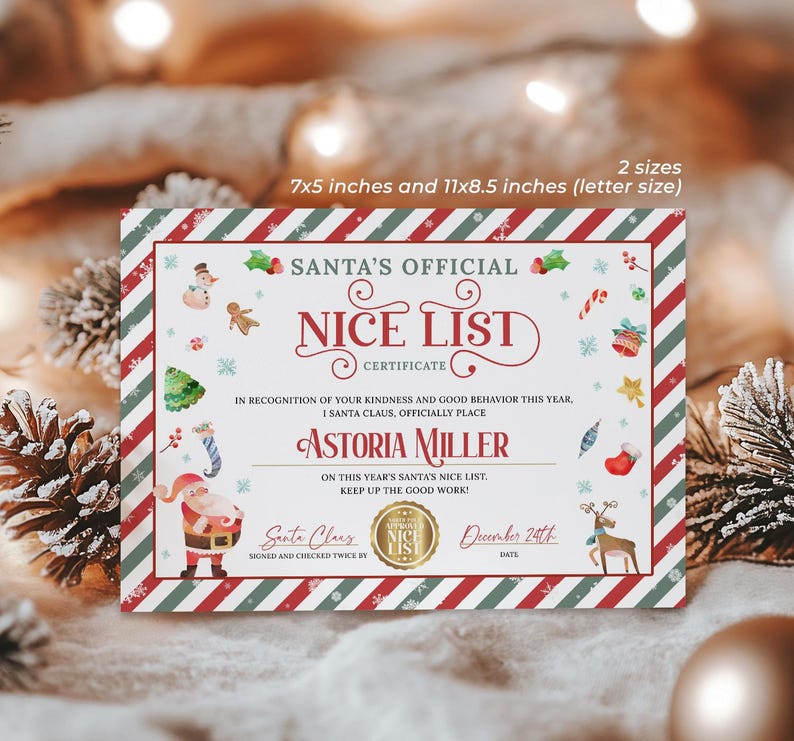 Editable Santa Nice List Certificate Template, Personalized Christmas Printable, North Pole Document, Santa Claus Certificate for Kids, Digital Download
