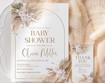 Boho Pampas Babypartyeinladung EDITIERBAR, Boho Babypartyeinladung bedruckbar, Tropische Wüsteneinladung, Erdton Babyparty