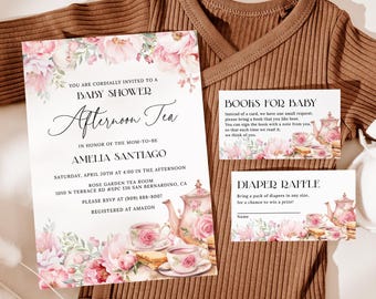 Invitación editable para baby shower con té de la tarde, paquete de invitaciones florales en rosa ruborizado, invitación para baby shower con té de jardín AT28