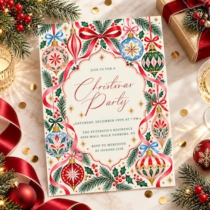 Könnte beinhalten: Eine rechteckige Weihnachtsparty-Einladungskarte mit cremefarbenem Zentrum und rotem Schrifttext: Join us for a Christmas Party, Saturday, December 19th at 7 PM, The Peterson's Residence, 8090 Mall Walk Yonkers, NY, RSVP to Meredith at (914)966-2128.