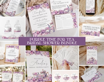Op de afbeelding: Een verzameling paarse bloemrijke bruidsdouchedecoraties. Inclusief uitnodigingen, menukaarten, receptkaarten, borden, waterfleslabels en cupcake toppers. De tekst bevat "Time for tea", "Amelia's Bridal Shower Party" en "Smoked Salmon Sandwiches".