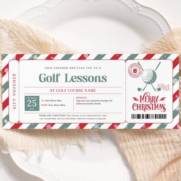 Golf Lesson Christmas Gift Voucher EDITABLE, Golfing Lesson Certificate Printable, Golf Ticket Template, Golf Coupon, Golf Gift Card