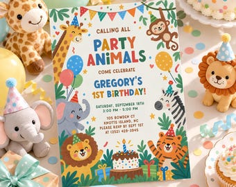 Calling All Party Animals Birthday Invitation Template, Editable Safari Zoo Boy First Birthday Invitation, Cute Jungle Animals Party Invite