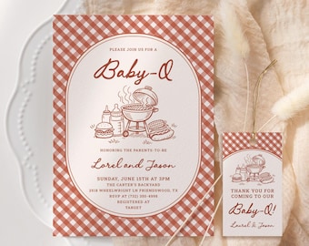 Zaproszenie na baby shower Baby-Q, zaproszenie na grilla BBQ, baby shower z grillem w ogrodzie, ujawnienie płci dziecka podczas grilla dla par, możliwość edycji, wersja do druku