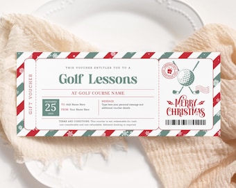 Golf Lesson Christmas Gift Voucher EDITABLE, Golfing Lesson Certificate Printable, Golf Ticket Template, Golf Coupon, Golf Gift Card