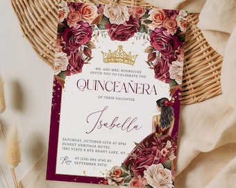 Burgundy Red Floral Quinceañera Invitation, Red and Gold Princess Mis Quince Anos Invitation, 15th Birthday Party Invite, EDITABLE Printable
