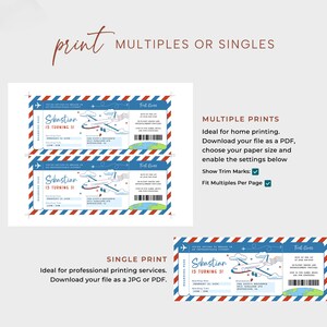 May include: Printable birthday invitation featuring a blue and red airplane boarding pass design. The invitation says "Sebastian is turning 51".
