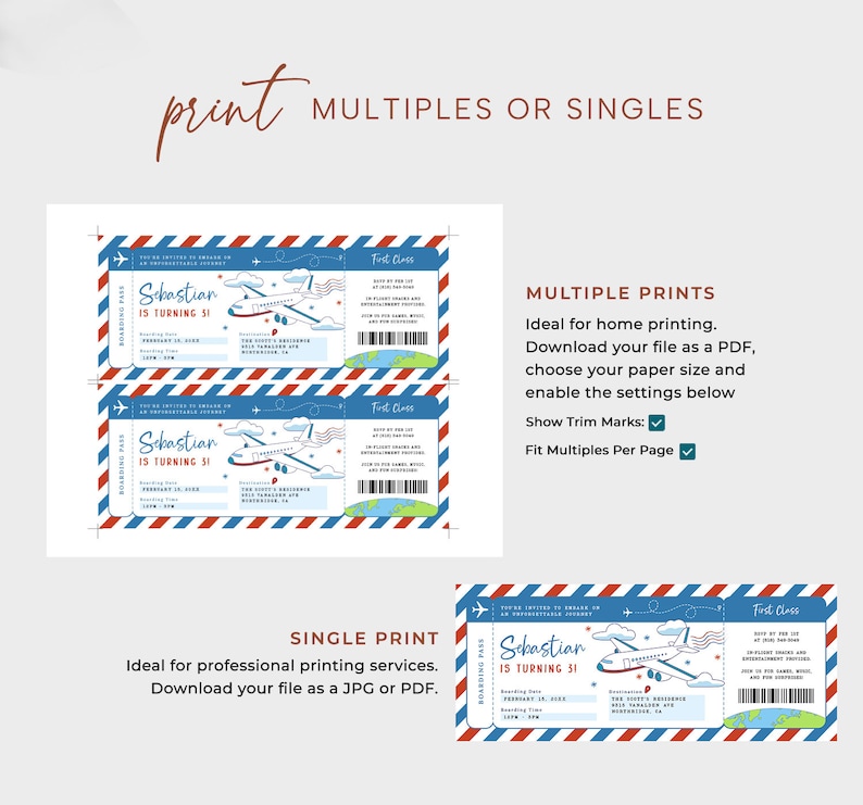 May include: Printable birthday invitation featuring a blue and red airplane boarding pass design. The invitation says "Sebastian is turning 51".