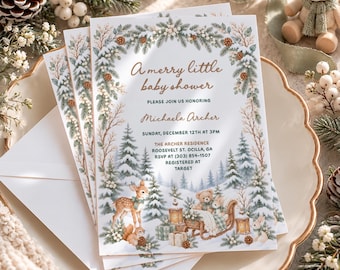 PRINTED Winter Baby Shower Invitation, A Merry Little Baby Shower Invite, Christmas Woodland Neutral Baby Shower Cards with Envelopes WB5