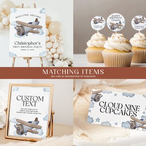 May include: A set of printable party decorations featuring a blue airplane with clouds and stars. The set includes a welcome sign, cupcake toppers, and a sign that says "Cloud Nine Cupcakes".