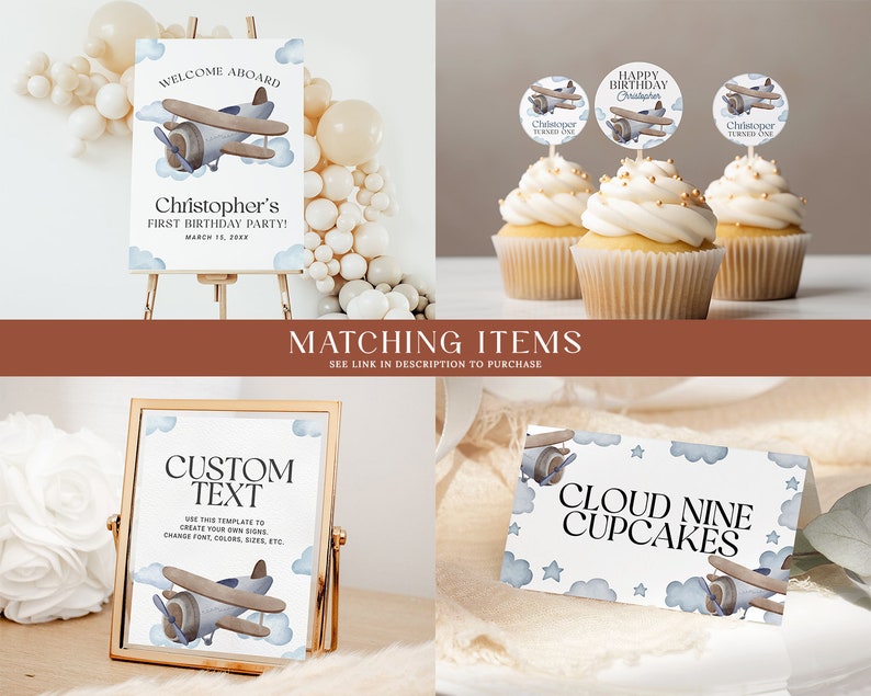 May include: A set of printable party decorations featuring a blue airplane with clouds and stars. The set includes a welcome sign, cupcake toppers, and a sign that says "Cloud Nine Cupcakes".