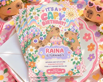 PRINTED Groovy Capybara Birthday Invitation, Retro Floral Capy Party Invite, Cute Kids Animals Birthday Party Cards with Envelopes
