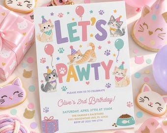 Cat Birthday Invitation Template, Editable Let's Pawty Birthday Invitation, Cute Pastel Cat Theme Party for Girls, Kitty Cat Party Invite