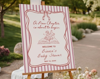 Tabliczka powitalna na baby shower "Nowy rozdział", edytowalna tabliczka z bajką, dekoracja na baby shower w stylu "Kokietka" NC17
