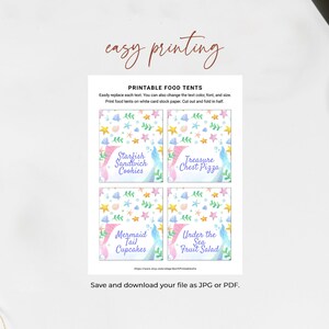 May include: Printable food tent cards featuring a mermaid theme. The cards have a watercolor design with a mermaid tail, seashells, and starfish. The text on the cards reads: "Starfish Sandwich Cookies", "Treasure Chest Pizza", "Mermaid Tail Cupcakes", and "Under the Sea Fruit Salad".