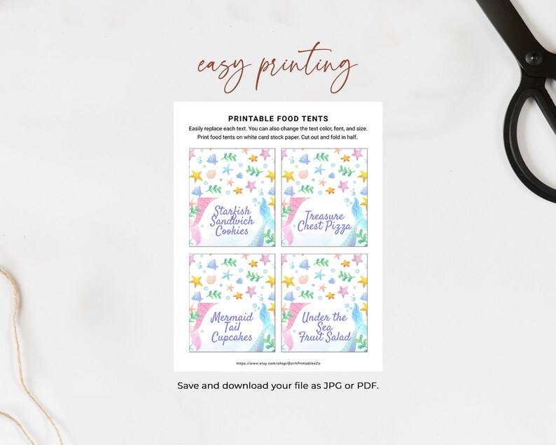 May include: Printable food tent cards featuring a mermaid theme. The cards have a watercolor design with a mermaid tail, seashells, and starfish. The text on the cards reads: "Starfish Sandwich Cookies", "Treasure Chest Pizza", "Mermaid Tail Cupcakes", and "Under the Sea Fruit Salad".