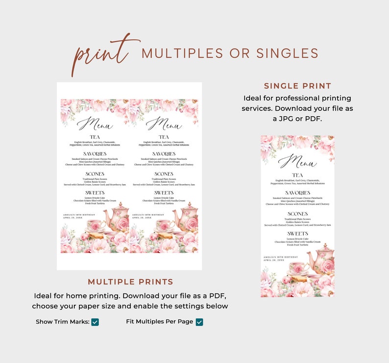 May include: A printable menu template for a tea party. The menu features a floral design with a teapot and teacups. The text on the menu includes "Menu", "Tea", "Savories", "Scones", and "Sweets". The menu is available in single and multiple print options.