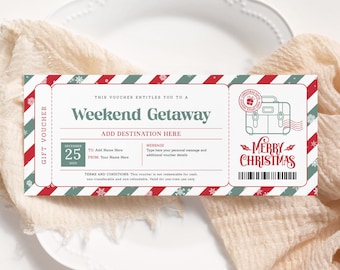 May include: A red and white striped gift voucher with a green and white snowflake pattern. The voucher is for a weekend getaway and includes the text "Merry Christmas".