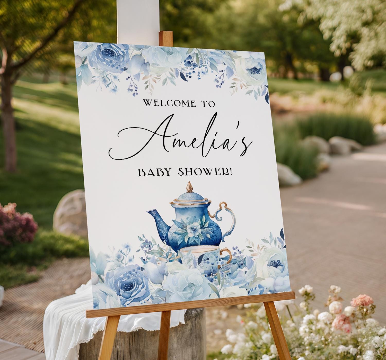 Blue Floral Tea Party Welcome Sign EDITABLE, High Tea Welcome Poster, Afternoon Tea Garden Party Sign, Baby Bridal Shower Birthday AT28