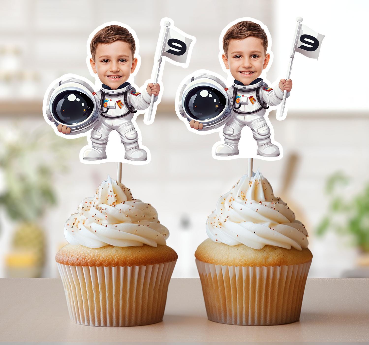 Astronaut Face Cupcake Toppers, Personalized Astronaut Photo Cupcake Toppers, Outer Space Birthday Party Decor, Custom Astronaut Topper