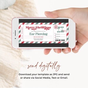 May include: A printable Christmas gift voucher template for ear piercing. The voucher is designed to look like a vintage train ticket with red and white stripes, green and white snowflakes, and the text "Merry Christmas".