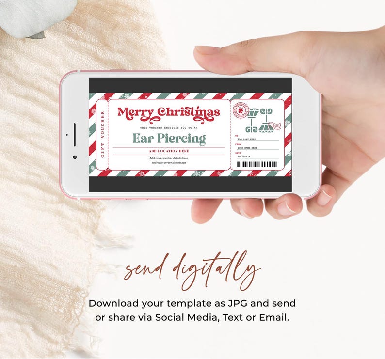 May include: A printable Christmas gift voucher template for ear piercing. The voucher is designed to look like a vintage train ticket with red and white stripes, green and white snowflakes, and the text "Merry Christmas".