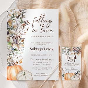 Fall In Love Baby Shower Invitation EDITABLE, Little Pumpkin Baby Shower Invite Printable, Fall Floral Baby Shower, Gender Neutral FA16