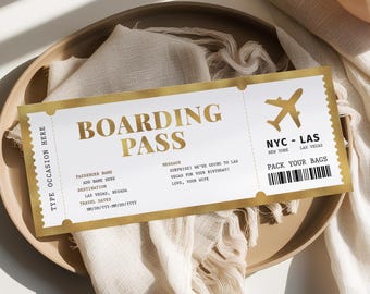 Boarding Pass Gold Ticket EDITABLE, Printable Personalized Plane Ticket Template, Surprise Trip Ticket, Flight Airline Travel Voucher