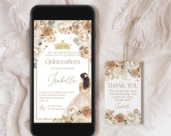 Cyfrowe zaproszenie na quinceañera w stylu boho z motywem kwiatowym, edytowalne zaproszenie z motywem szampańskiej pigwy, mobilne zaproszenie na 15. urodziny Princess Gold and Beige