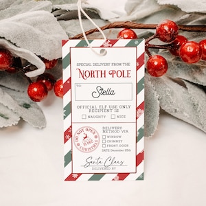 North Pole Special Delivery Tags EDITABLE, Personalized Christmas Tags, Printable Santa Gift Tags, Elf Delivery Tags, Santa Approved Tags