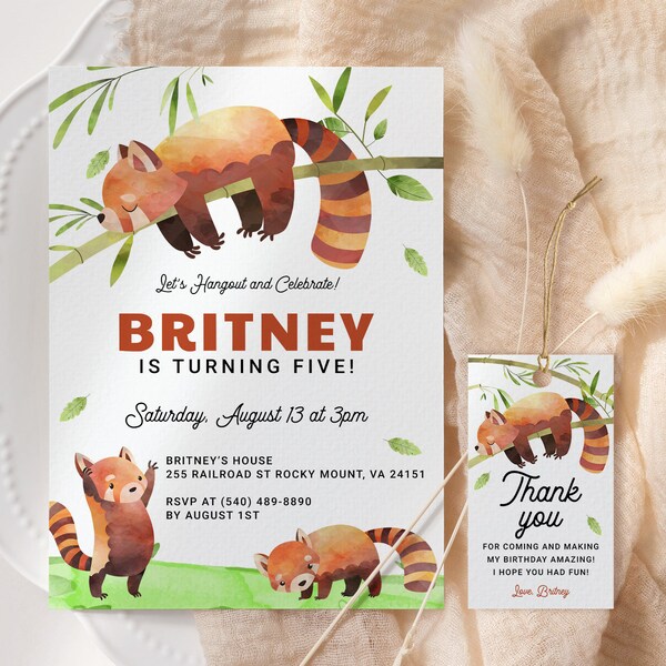 Red Panda Birthday Invitation EDITABLE, Printable Red Panda Party Invitation, Forest Animal Invitation, Panda Invite, Let's Hang Out