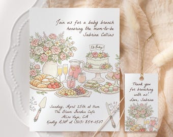 Zaproszenie na brunch dla niemowląt w ogrodzie, Edytowalne zaproszenie na przyjęcie ogrodowe Coquette, Baby in Bloom Baby Shower, Kwiatowe zaproszenie na brunch dla niemowląt GB19