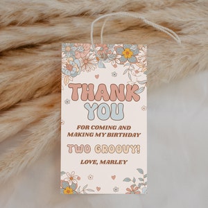 Zwei Groovy Party Favor Tags EDITIERBAR, Floral Groovy 2. Geburtstag Danke Tags Printable, Retro Hippie Danke für kommendes Geschenk Label GH13