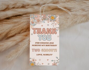 Zwei Groovy Party Favor Tags EDITIERBAR, Floral Groovy 2. Geburtstag Danke Tags Printable, Retro Hippie Danke für kommendes Geschenk Label GH13