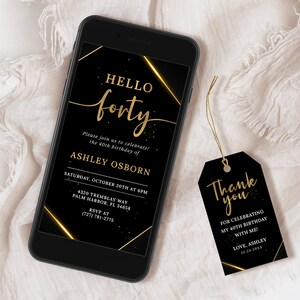 40e verjaardagsuitnodiging BEWERKBAAR, Hello Forty Birthday Evite, 40e verjaardagsfeestje, digitale mobiele telefoon uitnodigen, sms-uitnodiging