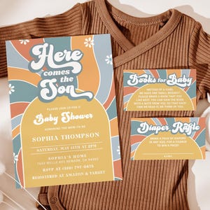 Here Comes The Son Baby Shower Invitation Set EDITABLE, Sunshine Baby Shower Invitation Bundle, Retro Sun Baby Shower Invite, Baby Boy HC03