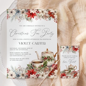 Faire-part de thé de Noël modifiable, faire-part de thé de vacances, Invitation de thé floral de Noël imprimable, fête de vacances CT25