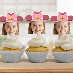 Pink Cowgirl Photo Cupcake Toppers, Personalized Western Face Picture Cupcake Toppers, Printable Girl Rodeo Birthday Party Decor, ANY AGE