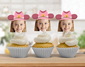 Pink Cowgirl Photo Cupcake Toppers, Personalized Western Face Picture Cupcake Toppers, Printable Girl Rodeo Birthday Party Decor, ANY AGE